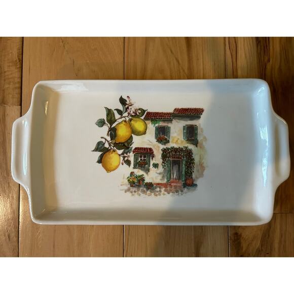 Ceramica Cuore Serving Platter, Lemons w/ Building, 11"x6.5" Made in ITALY - Picture 1 of 7